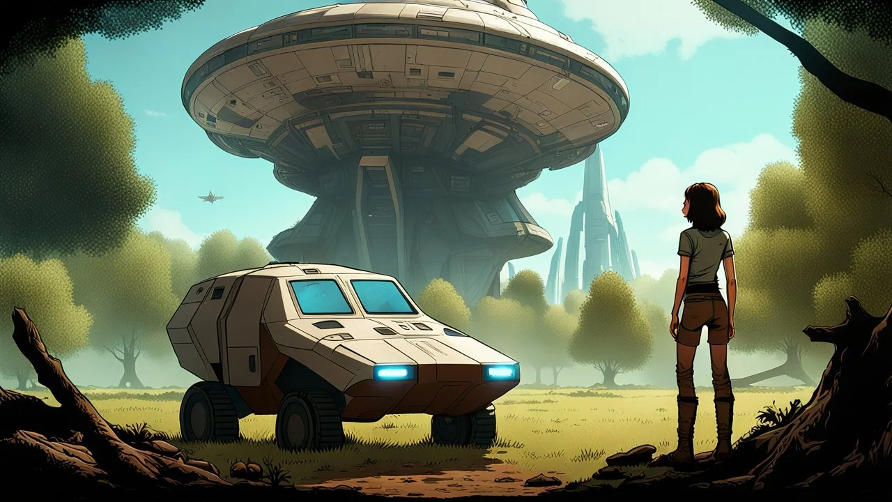A skinny 50-year-old woman standing, hands on hips, in brown shorts, a shirt, and boots, standing next to a large, sleek cargo spaceship, sitting in a clearing, in a derelict alien city with trees and fungi in clumps.