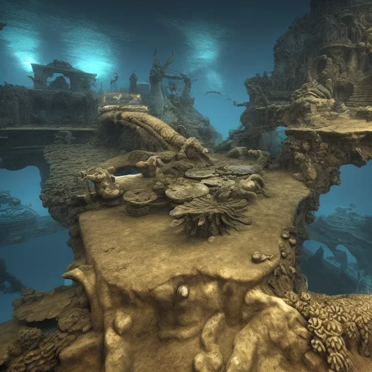 lost underwater city, Poseidon, highly detailed, cinematic, ultra photorealistic, ultra realistic, volumetric lighting, sun shafts, spectral, 4k, 8k, fish swimming around, murky, coral reef, shipwreck, unreal engine