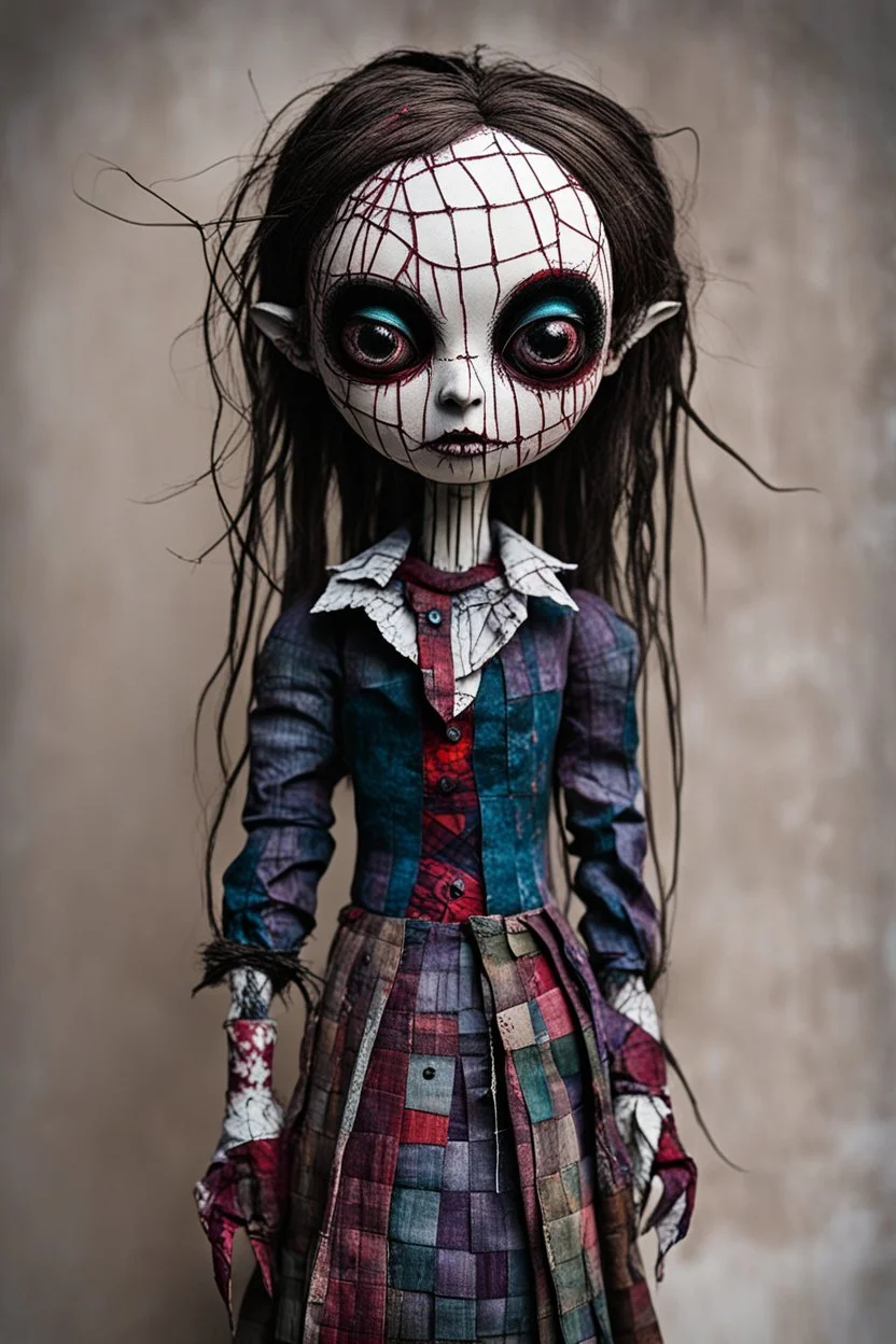 full color, illustration of a dark menacing Scottish vampire girl, tall and willowy , as a decayed, broken, crude homemade patchwork cloth doll toy, with a cracked porcelain face, thick dark eyebrows, hair made from ragged strips of cloth, art in the style of Alex Pardee and Tim Burton