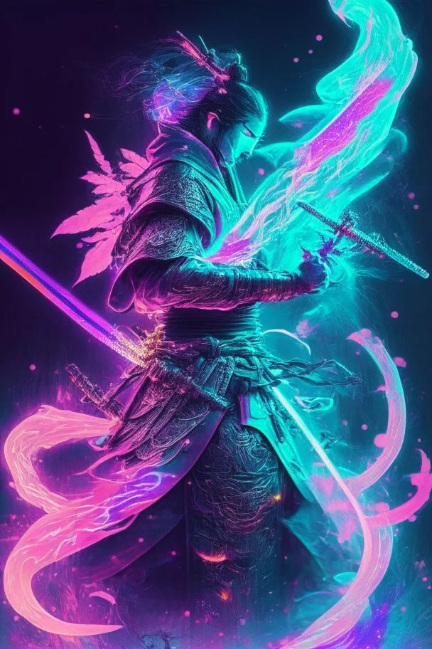 Mystical samurai emitting an aura of transparent dragons with a long, neon sword emitting an aura