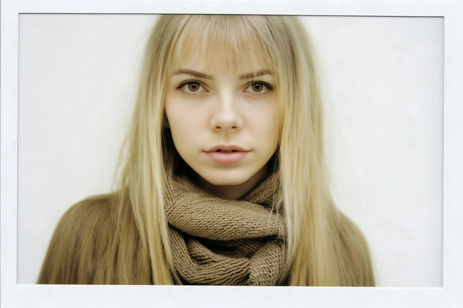 Polaroid, Jeune femme caucasienne,blonde avec racines, cheveux long séparés au milieu, yeux marron, petit nez, echarpe oversize, , fond blanc