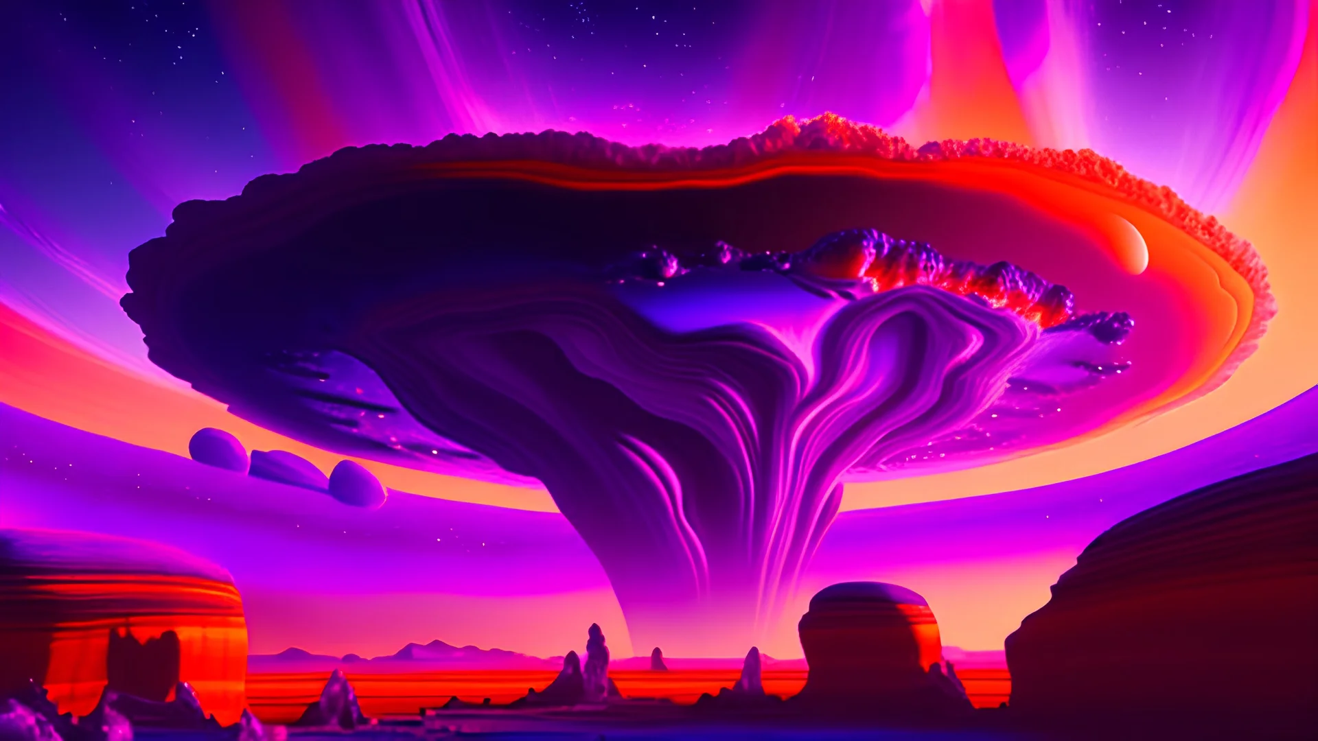 A mesmerizing landscape of an alien planet, where the sky is painted with swirling hues of purple and orange, and enormous, crystal formations jut out from the rocky terrain.