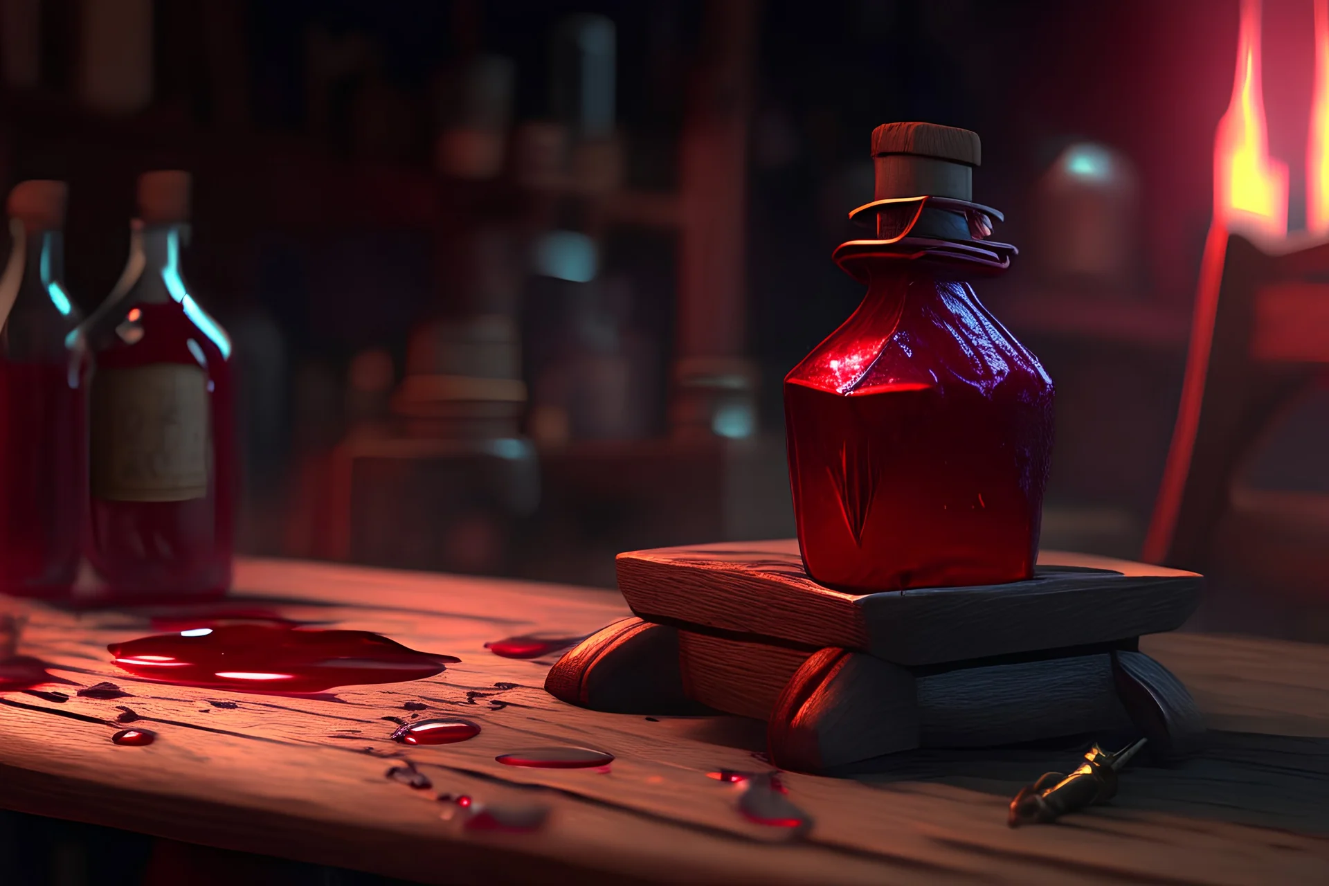 dark fantasy small red healing potion phial sitting on work bench, concept art, war torn background, close up , action scene, fantasy art, 8k , cinematic