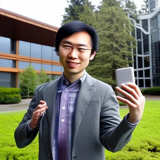 A long haired, Japanese Male software engineer from MIT taking a selfie in front of Building 92 at Microsoft in Redmond, Washington