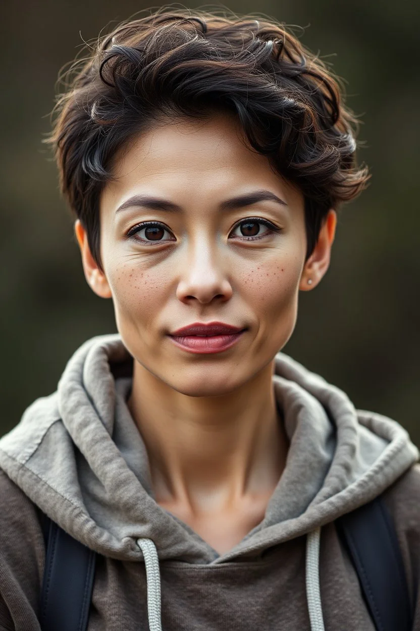 A portrait of a young attractive mature woman with rounded asian features, short coiled brown hair, freckled skin, dark brown eyes, wearing hoodie