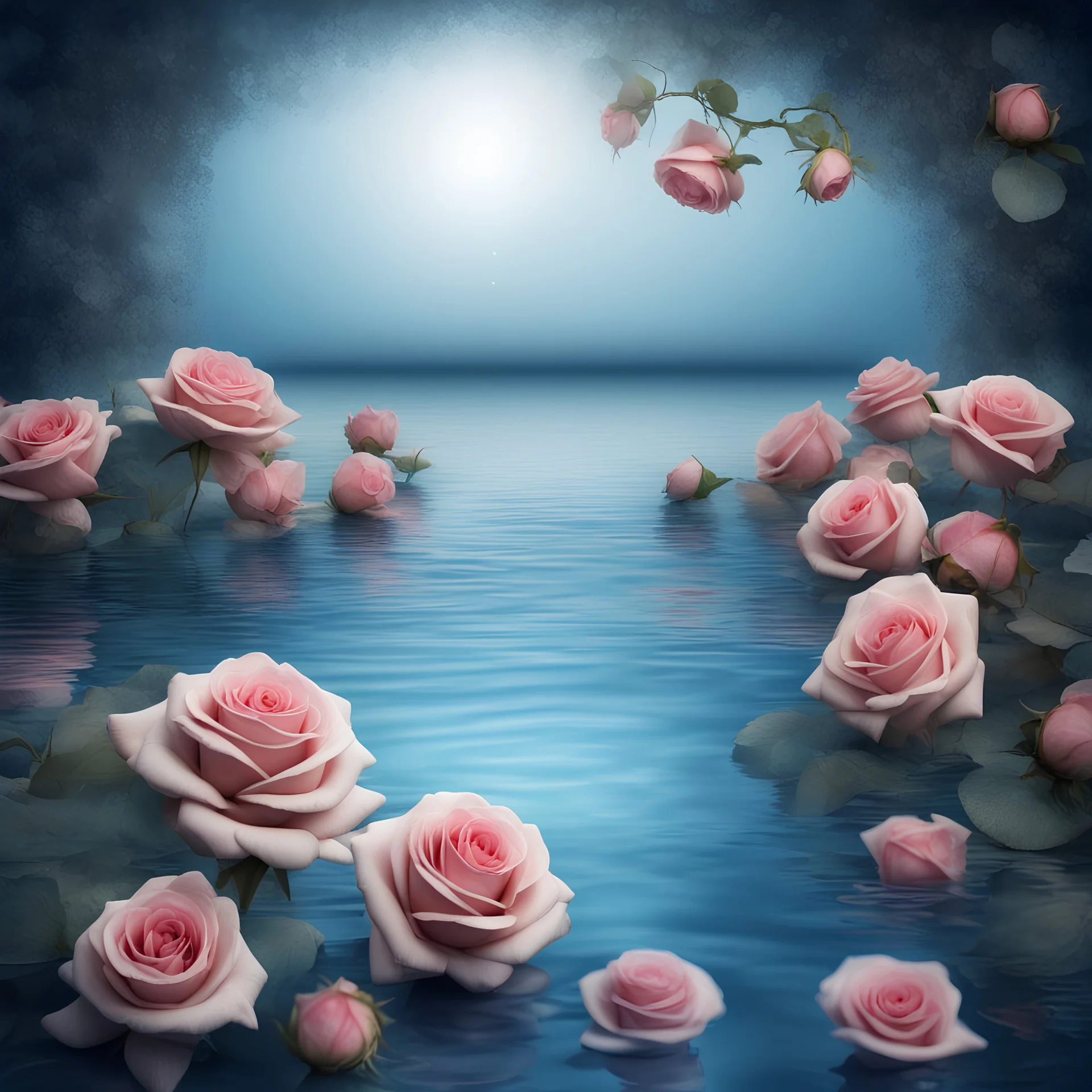 Background Romantic place with water and roses inblue tones