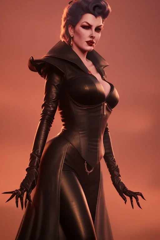 Lana Turner as evil queen in black leather, leather, busty, cleavage, angry, stern look. character design by cory loftis, fenghua zhong, ryohei hase, ismail inceoglu and ruan jia. unreal engine 5, artistic lighting, highly detailed, photorealistic, fantasy