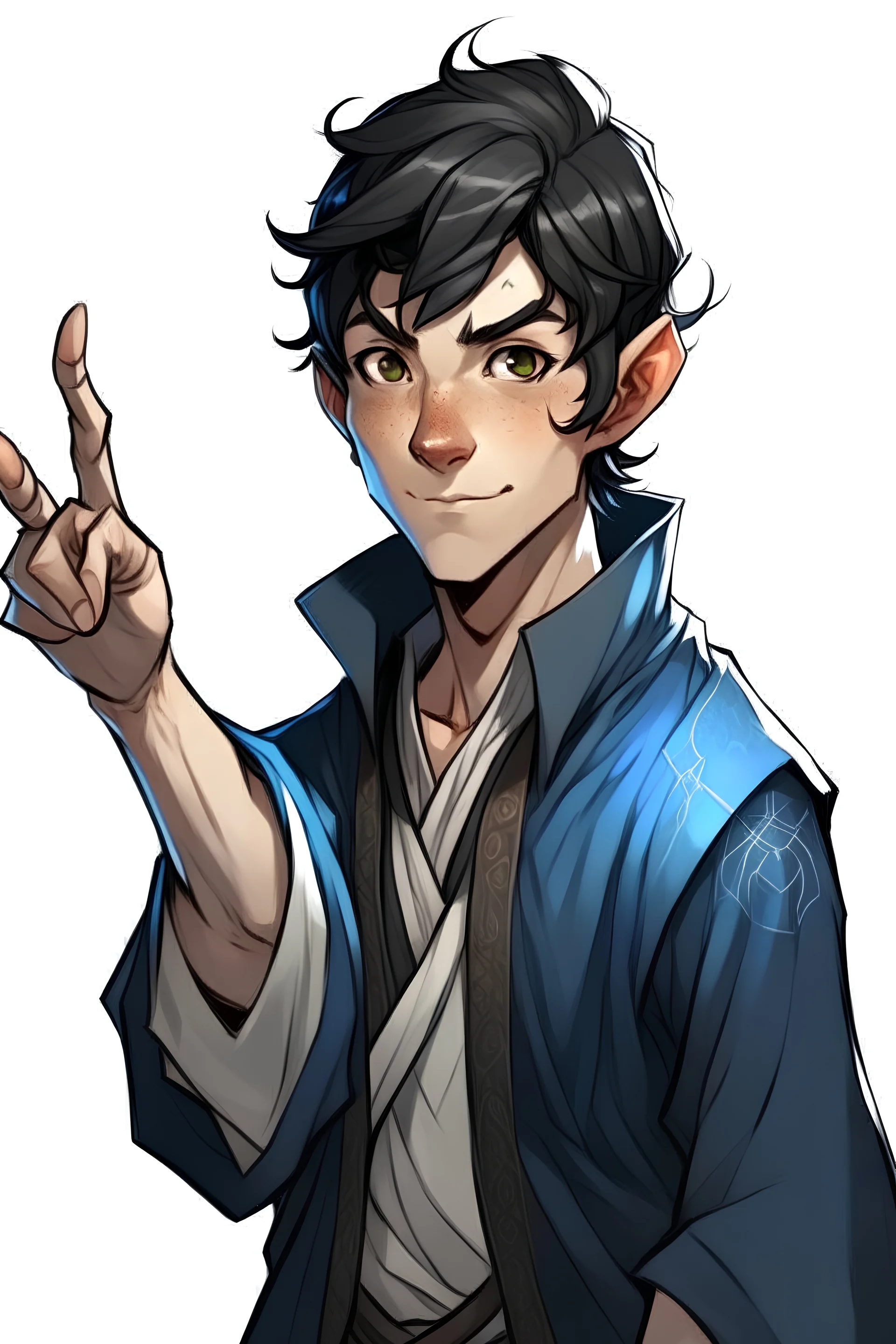 a young half elf man sea sorcerer black hair, small pointy ears and blue eyes. Pointing one finger