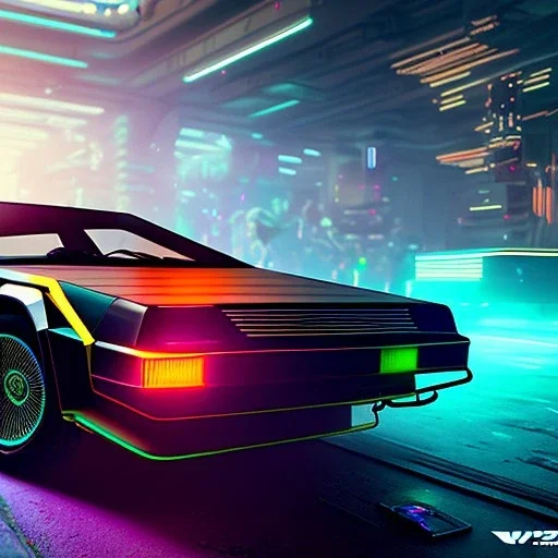 cyberpunk army DeLorean, cyberpunk 2077, center composition, water reflection, ultra realistic, shiny, smooth, studio quality, octane render, Surrealism, Triadic colour scheme, glow-stick, god rays, mist on the horizon, ambient lighting, nightclub lighting, polaroid, 100mm, --ar 1:1 --v4