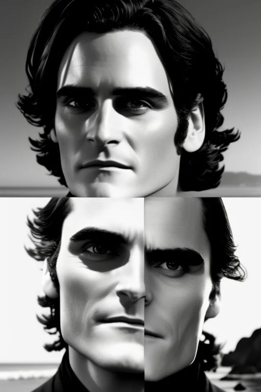 A portrait of Joaquin Phoenix in his early 30s, long beachy haircut, black hair, on a rocky island, in ebony armor from Skyrim, melancholic and dangerous facial expression, half-smiling