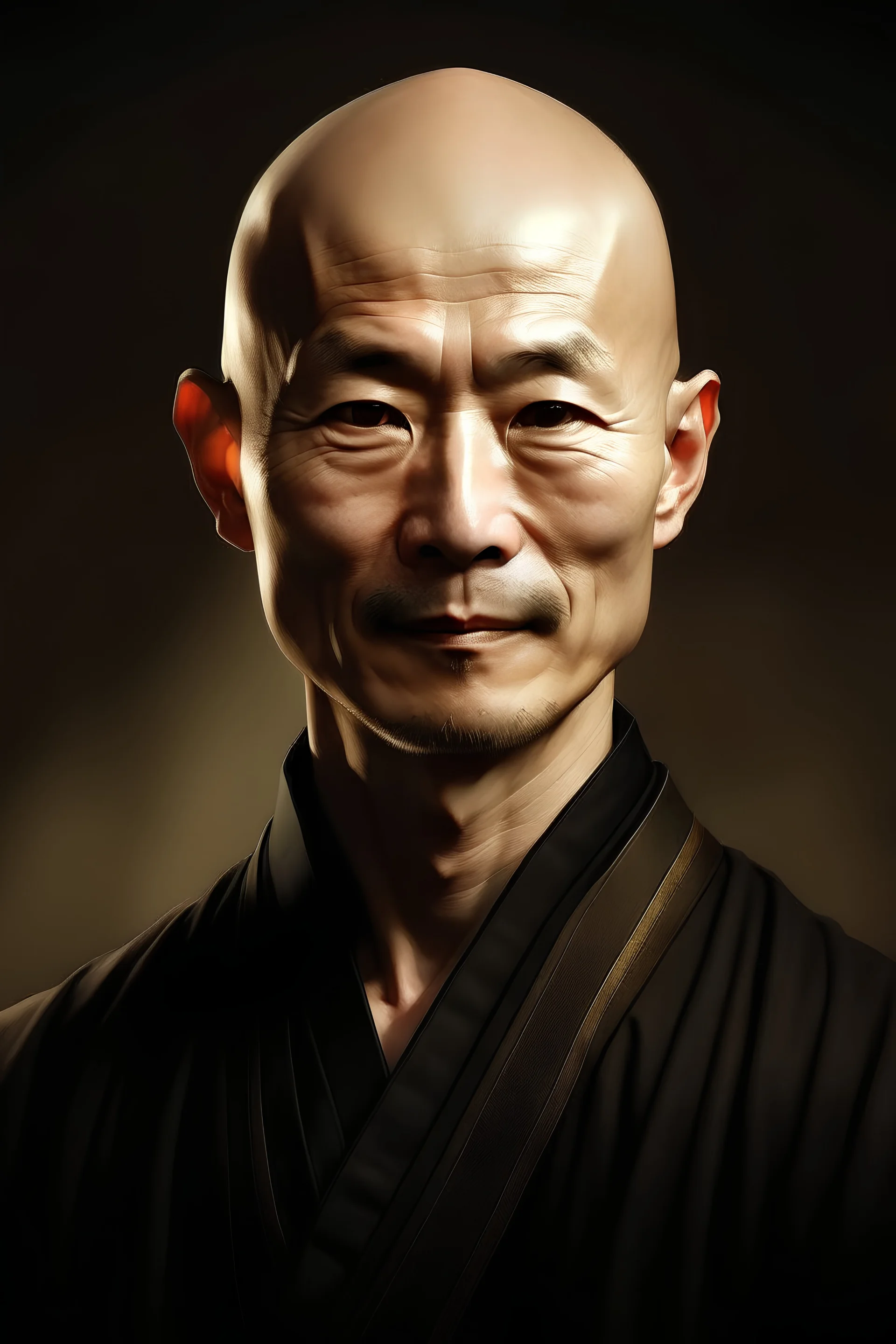Imagine a Chinese man with calm facial features and dark eyes that express wisdom and patience. Bald, the shape of his head stands out simply and firmly. Regardless of the hair loss, this Chinese gentleman still exudes a lot of dignity and elegance, and exudes an air of confidence and charm.