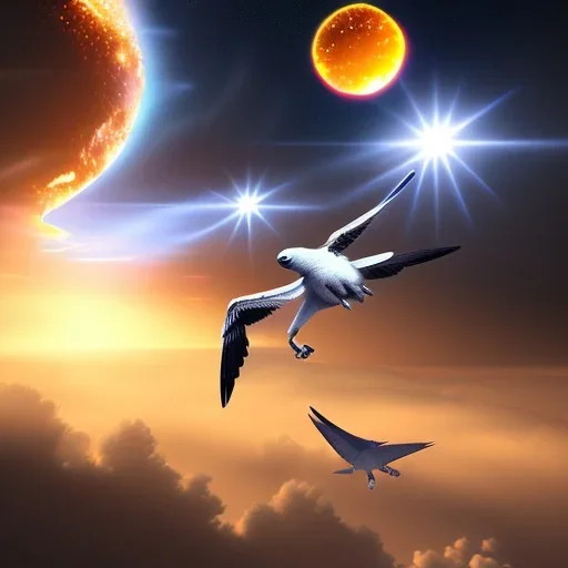 many different animals flying in the sky, hyper realistic, sun flare