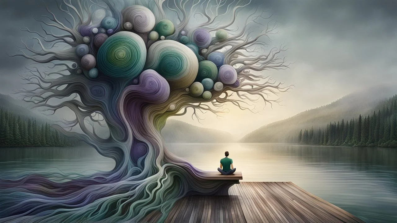 back to the camera on a beautiful amorph bench a figure sittings in pale gray t-shirt , beautiful blure landscape with deep green blure forests and overlooking the water of the nearby lake, calm, harmonious atmosphere, muted dark colors, purple, white, gray, green, blue, brown, silver, and pale colors, ,not too colorful colors, Whimsical style and giant stunning fade neuron network all over the sky, half shadow and half light picture, surreal stunning vibe