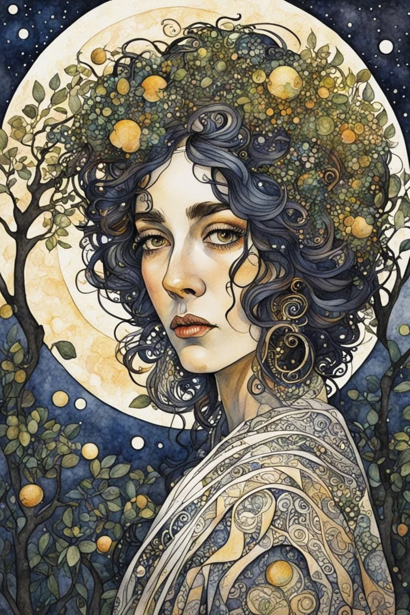 random watercolor Zentangle patterns in the styles of Gustav Klimt ,Wassily Kandinsky, Alphonse Mucha, and Kay Nielsen that depicts an aged and haggard female Spanish bruja, with highly refined facial features, in a moonlit Andalusian olive grove , with fine ink outlining