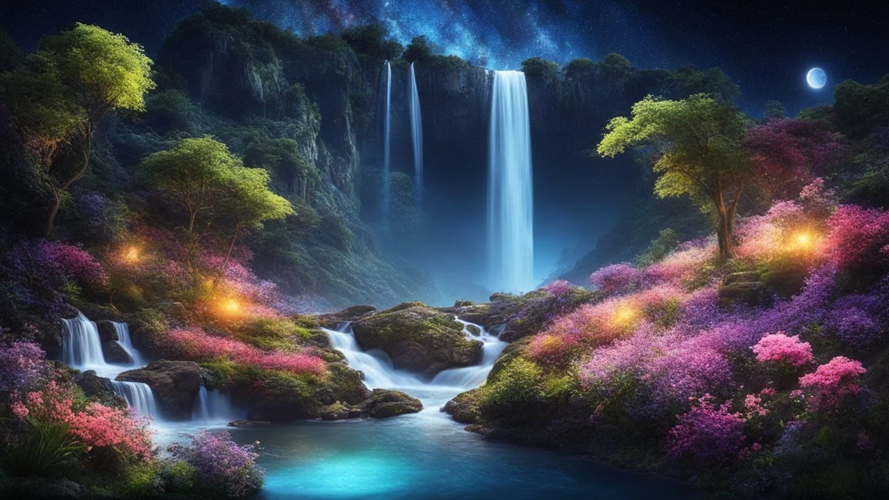 beautiful fairy land in space,night lights,flowers,river,waterfall,trees