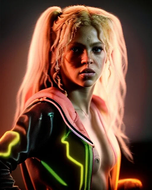 portrait, Shakira, blonde artist, angry, Realistic image, MMA robe, hoodie, mouthguard, nose, band aid, loose long hair, eyes make up, line gold make up, glow, circle iris. Rain, fog, Neon colors, leds. Dark background, photo studio, concept art, smooth, unreal engine 5, god lights, ray tracing, RTX, lumen lighting, ultra detail, volumetric lighting, 3d, finely drawn, high definition, 4k.