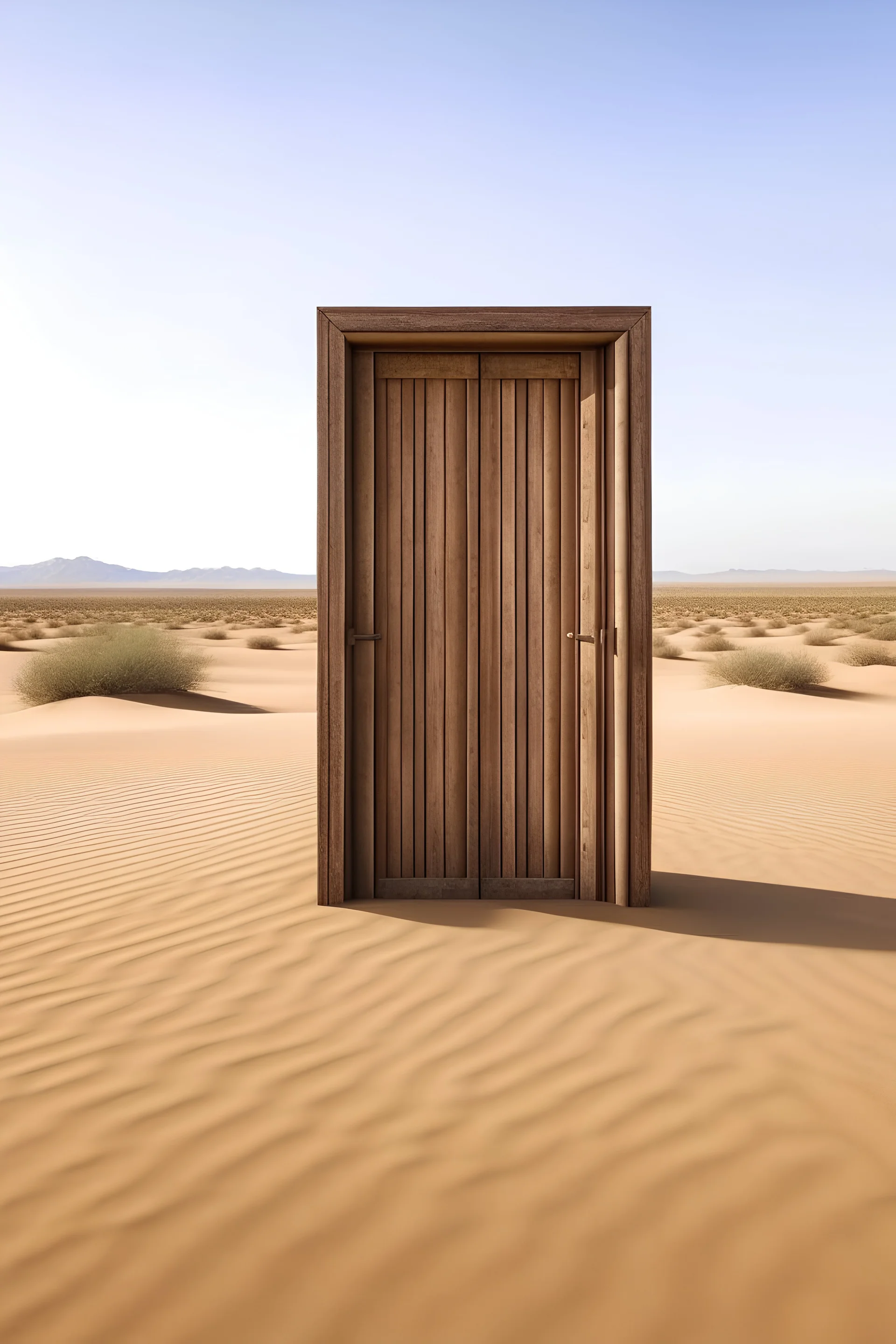 outsite room with wooden door in the middle of a desert
