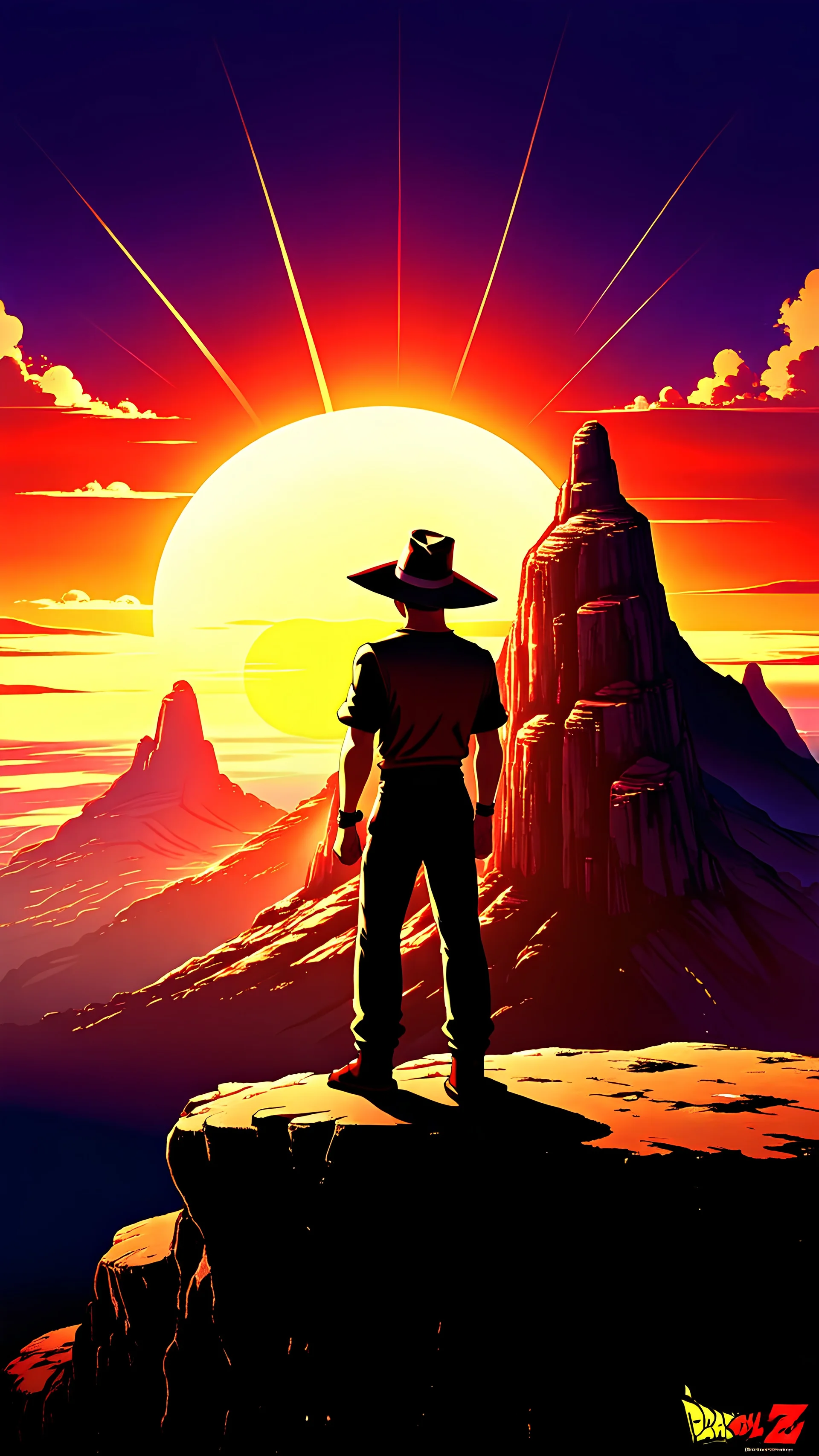 A lone man wearing a wide-brimmed hat stands on a cliff, watching a vivid sunset where the glowing orange sun descends between two towering mountains. The scene is depicted in the iconic Dragon Ball Z art style, with dramatic shading, vibrant colors, and dynamic energy. The sky is a brilliant gradient of oranges, reds, and purples, with rays of sunlight piercing through scattered clouds. The man's silhouette is detailed with strong lines and muscular form, evoking the power and intensity typical