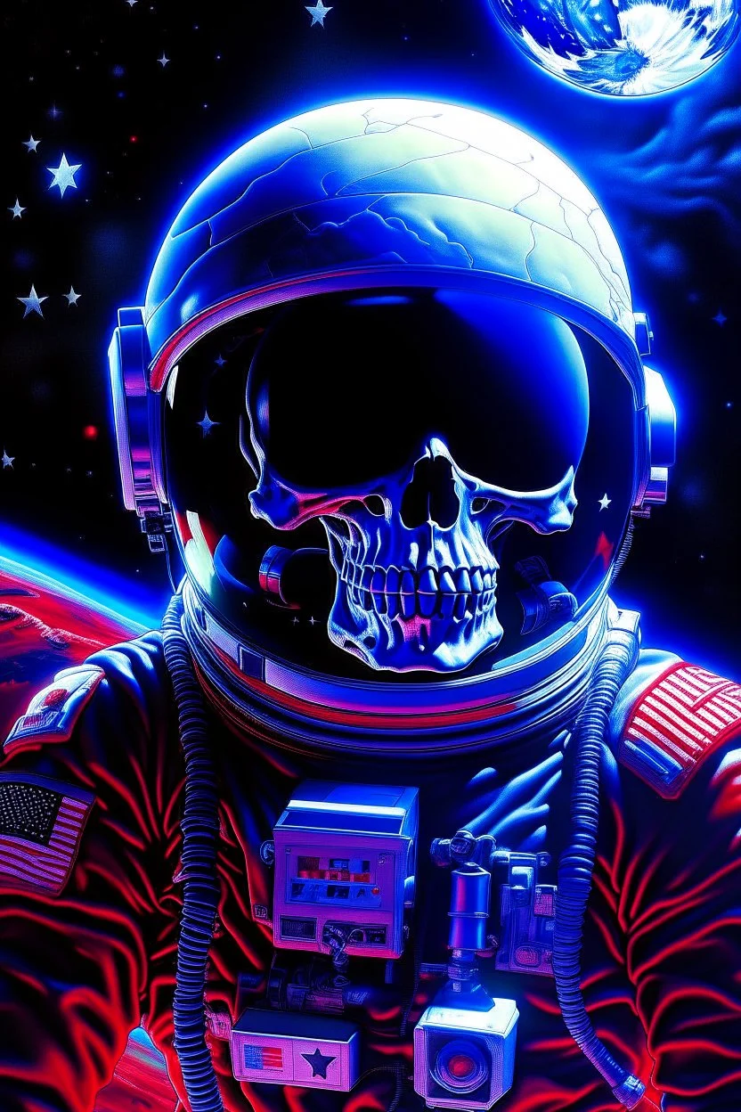 A close up of a skeleton face looking shocked, in an astronaut helmet and suit floating in space. inside the hollow eyes are red shining lights, scary. On his suit is an American flag and in his one hand is a small wavering American flag, on it is written "boned in the USA". From the back of his suit is blowing out blue, white and red smoke. Realistic, 8k, highly detailed, funny