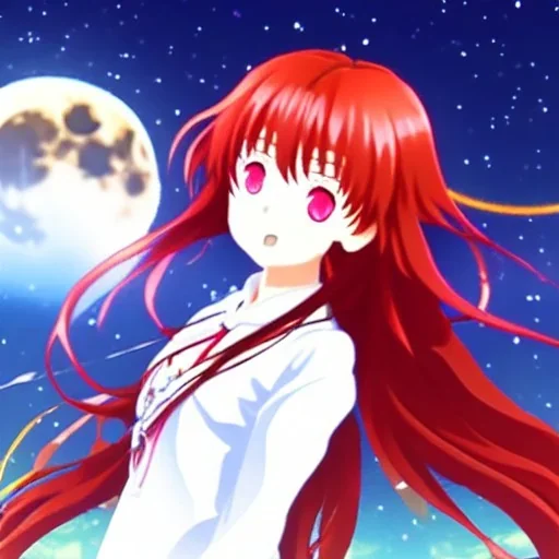 long red hair cute beatiful ritsuka fujimaru gudako standing in peace in front of the moon fate/grand order