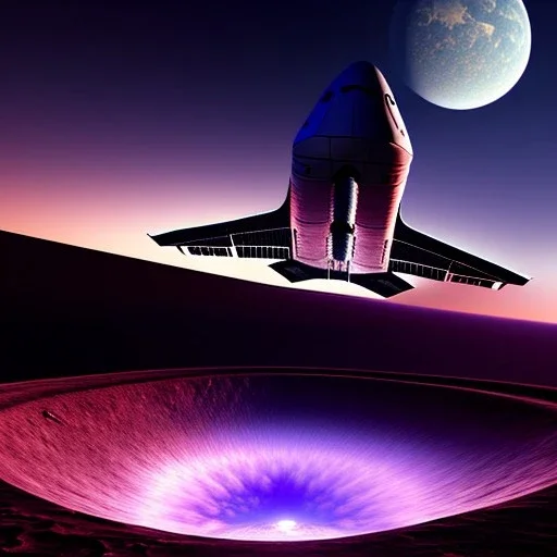 Alien spaceshuttle over a crater, purple sky