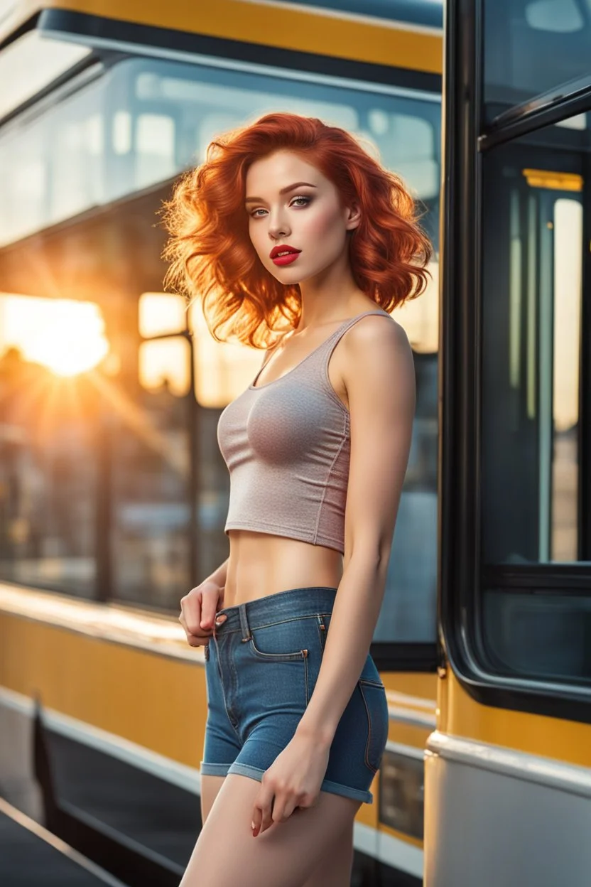 An image of a Teenage female, full body, looking at camera, at sunset, wearing tight tank top, 3D effect, on a bus stop, glossy wavy red hair, hyperrealistic, full lips, lip gloss, soft natural light, thick lines