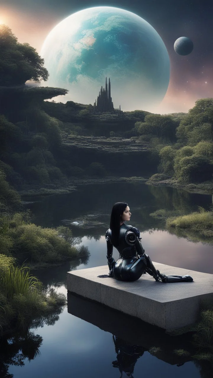 Fantasy Photo Of A Woman With Black Hair, Wearing A robot-looking catsuit, Sitting sideways On A Ledge next to a Pond, With A Planet Behind Her Head