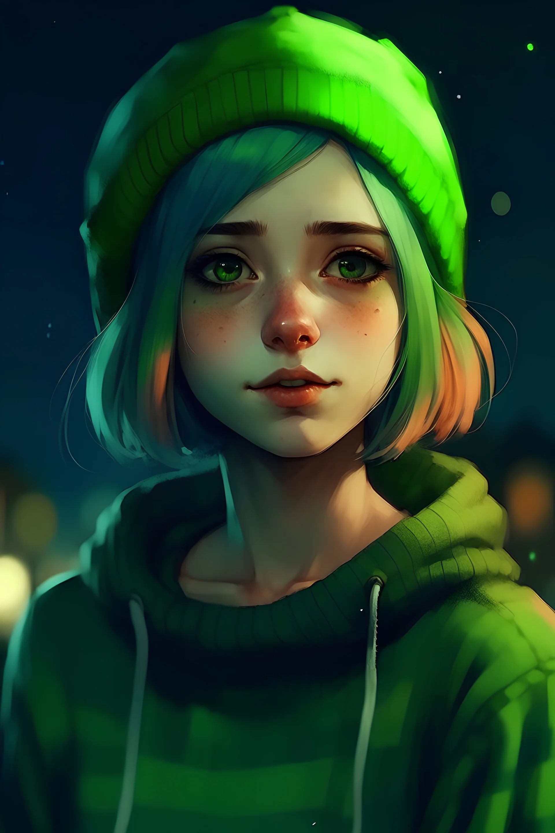 masterpiece, best quality, 1girl, green hair, sweater, looking at viewer, upper body, beanie, outdoors, watercolor, night, turtleneck