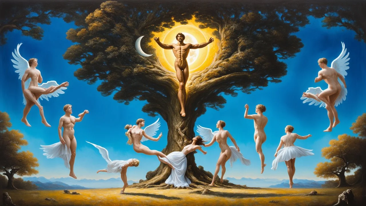 A surreal, allegorical painting depicts a tree-like structure with numerous nude figures in various poses and scenes. At the top, a muscular, radiant male figure with arms outstretched is illuminated by a golden glow against a bright blue sky. Below him, a female figure dances in front of a crescent moon, and further down, two ethereal white figures embrace.