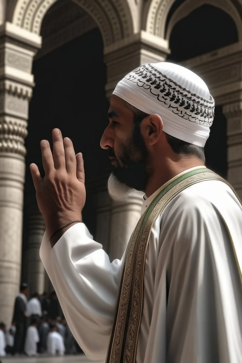 A picture of a Muslim man raising the Islamic call to prayer, in Mecca