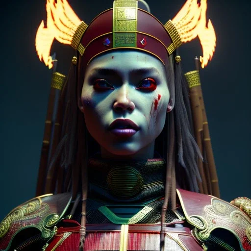 Latin woman, rounded face, blood, black, red, samurai helmet, decorative color feathers, retro, bamboo, leather, soft color, highly detailed, art stations, concept art, smooth, unreal engine 5, god rays, ray tracing, RTX, lumen lighting, ultra detail, volumetric lighting, 3d, finely drawn, high definition, high resolution.