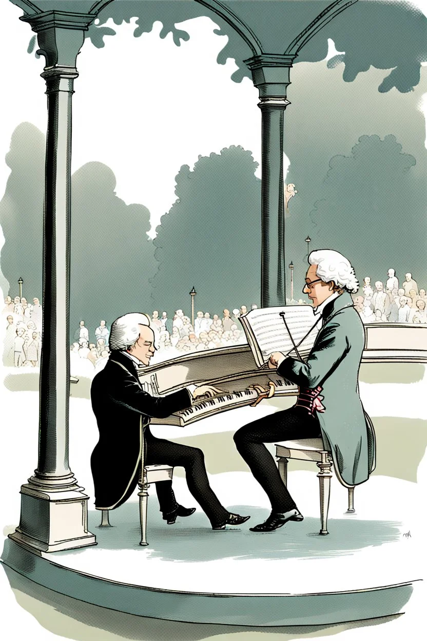 Mozart and Tchaikovsky jamming in a park bandstand