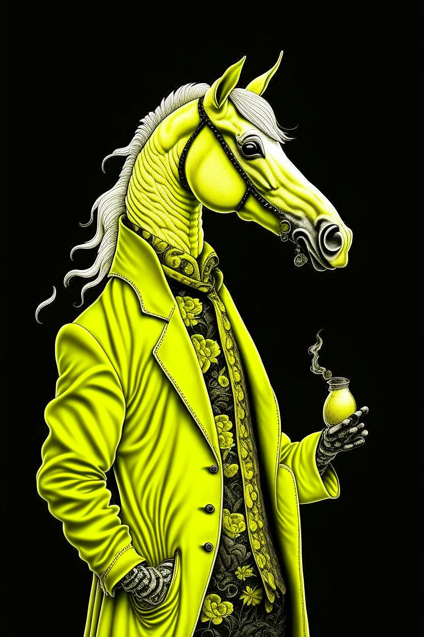 Yellow cockatrice with a tattoo of a horse in a smoking jacket