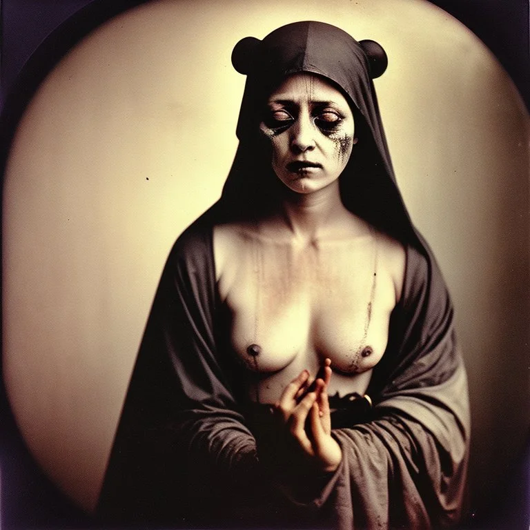 Photorealistic polaroid nothingness and distressing anguish desperate figure Hieronymus Bosch night, shot on Hasselblad, movie shot, details of the dress accentuated, nightmare, hypermaximalist, obsessive, hypnotic