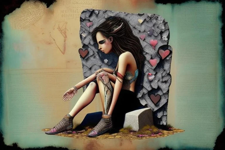 A sad and broken beautiful young woman is sitting on a stone holding a broken metal heart in her hands; perfect anatomically correct hands, perfect anatomically correct feet, mixed media collage, textured, layered, assemblage, inspired by Brian Viveros and Esao Andrews, elements of kintsugi on the edges of the heart with a gold and oxidized copper patina, backdrop of tumbleweeds and cacti interspersed with delicate flowers and subtle bokeh effects, the entire composition exuding an aura of grief