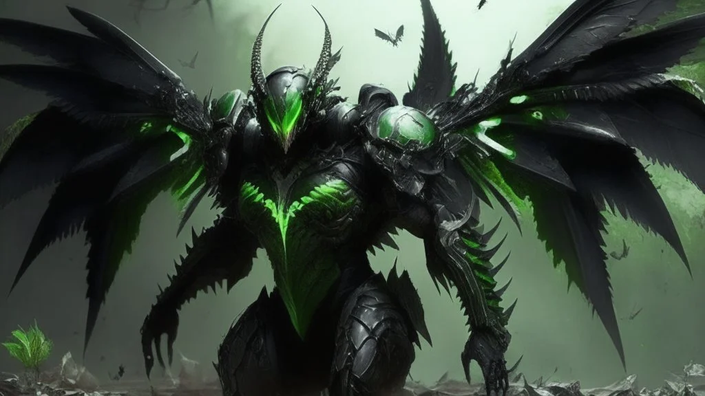 armadura negra y verde de alas de angel atacando un enorme insecto