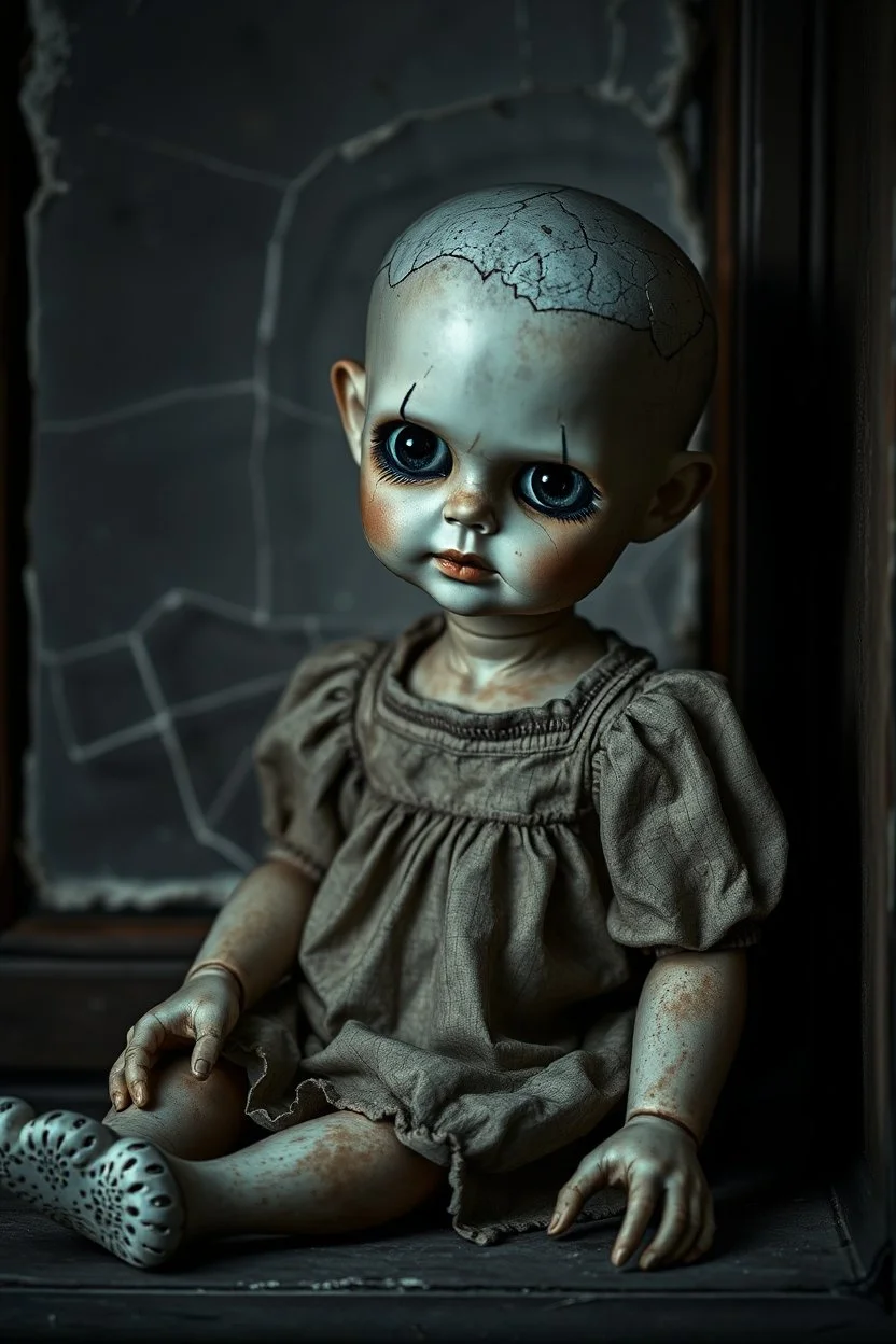 ooking at the camera a high realistic porcelain doll, old, dirty with old dress, sitting on shelf, in background blur cracked window. The figure has cracked face and head, and piercing big black eyes. High contrast, cinematic, thriller, dark, atmospheric. Surreal style , perfect composition, sharp focus, intricate details, crepy stunning