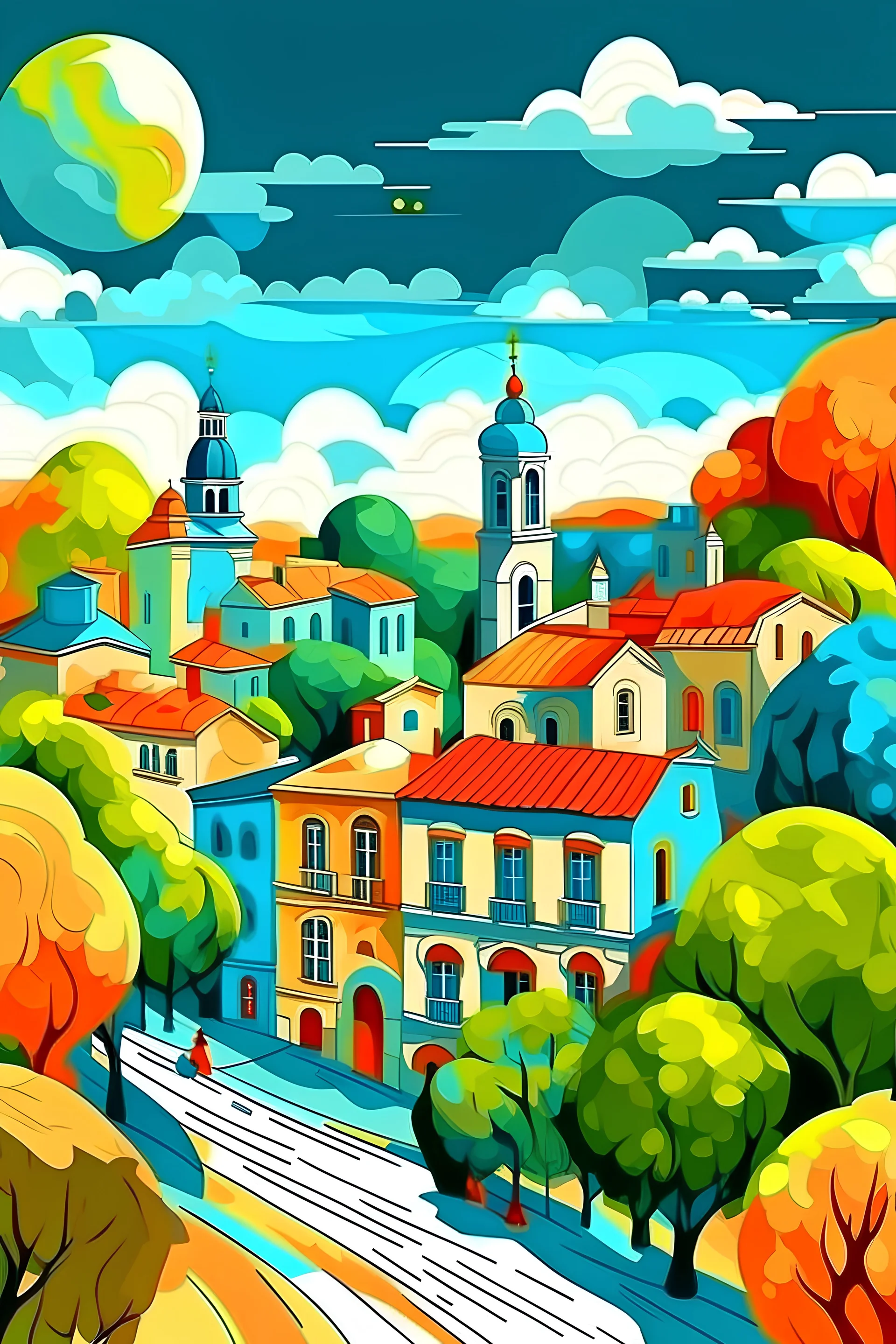 Imagen navideña de una ciudad en argentina al estilo de una pintura naif