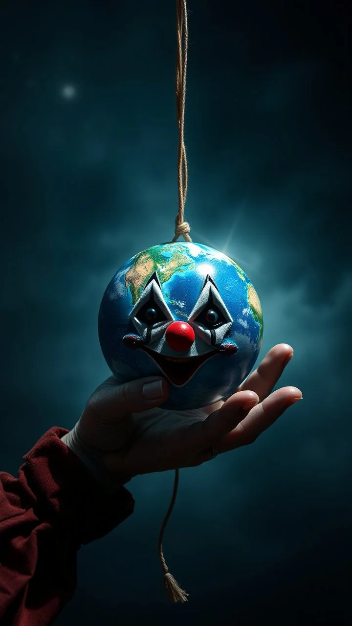 A string tied to.planet earth in the hand of it the scary clown