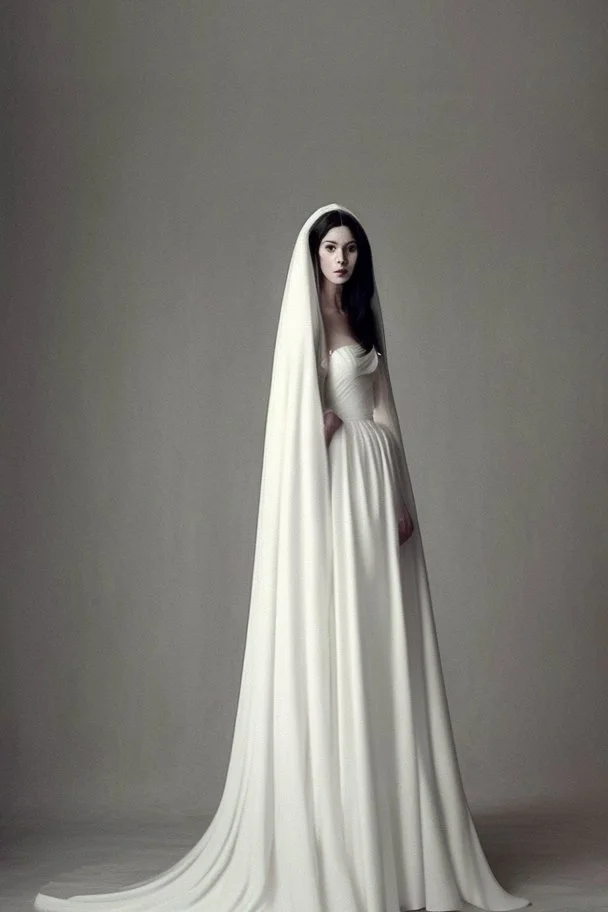 Long Luxurious White Wedding Dress Similar to the Greek era with a long veil and long black hair Photorealistic