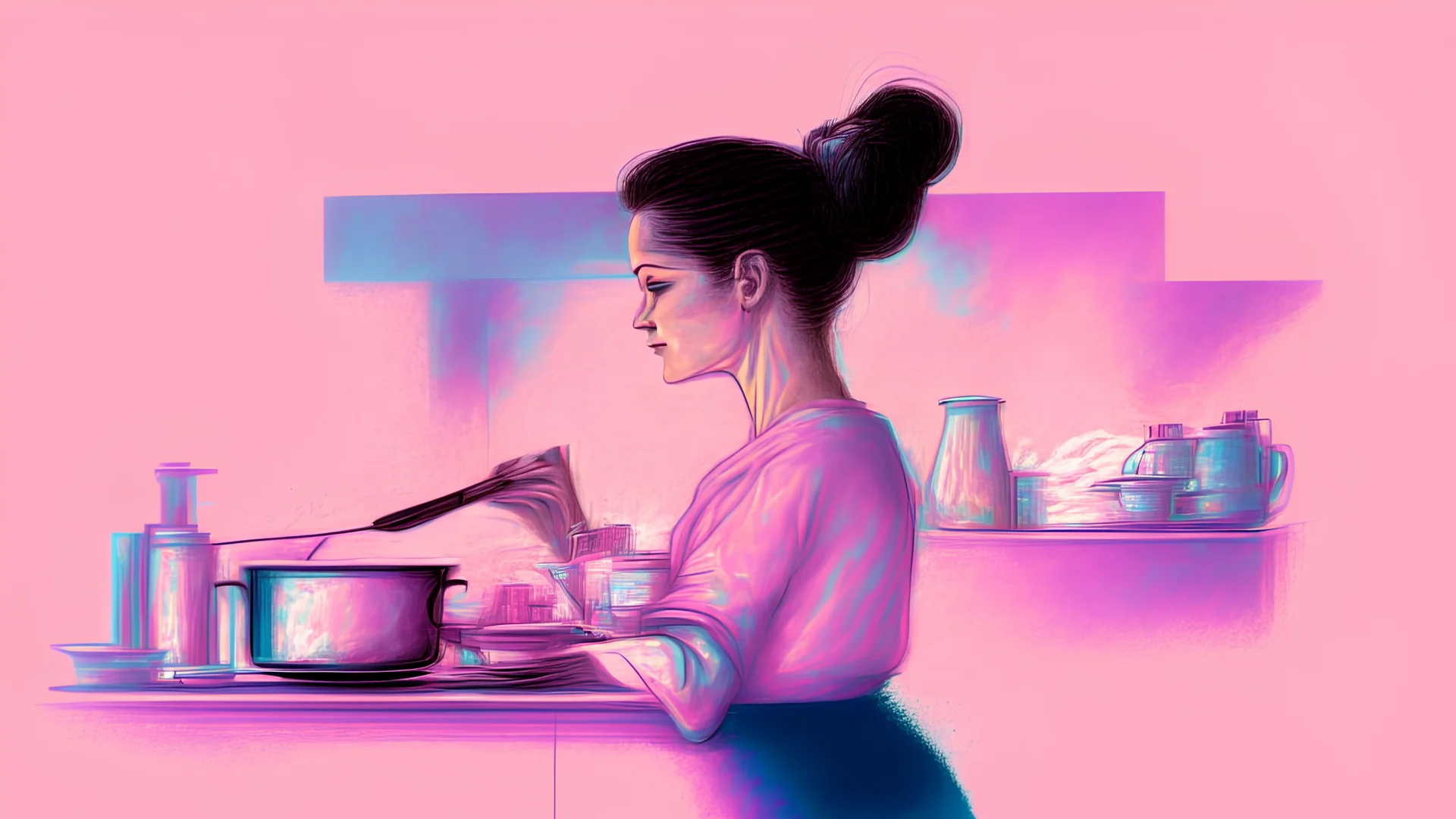 a watercolor painting of a woman cooking a tv show, hair up tied, and a gradient background in shades of pink or blue.