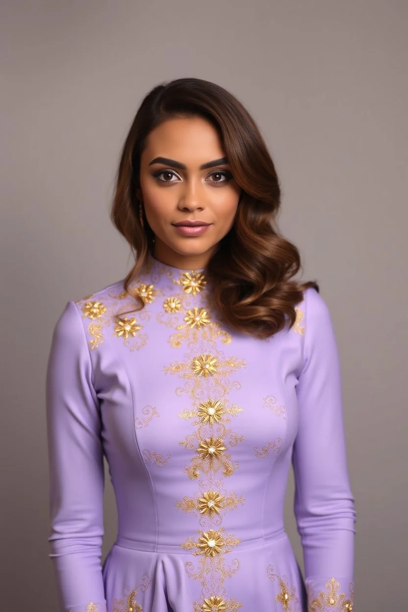 На ней сиреневое платье с узором и с золотым оформлением.