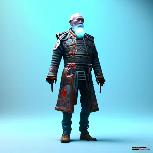 old man, samurai,, leather coat, vibrant color, cyberpunk style, highly detailed, art stations, concept art, smooth, unreal engine 5, god rays, ray tracing, RTX, lumen lighting, ultra detail, volumetric lighting, 3d, finely drawn, high definition, high resolution, gradient background