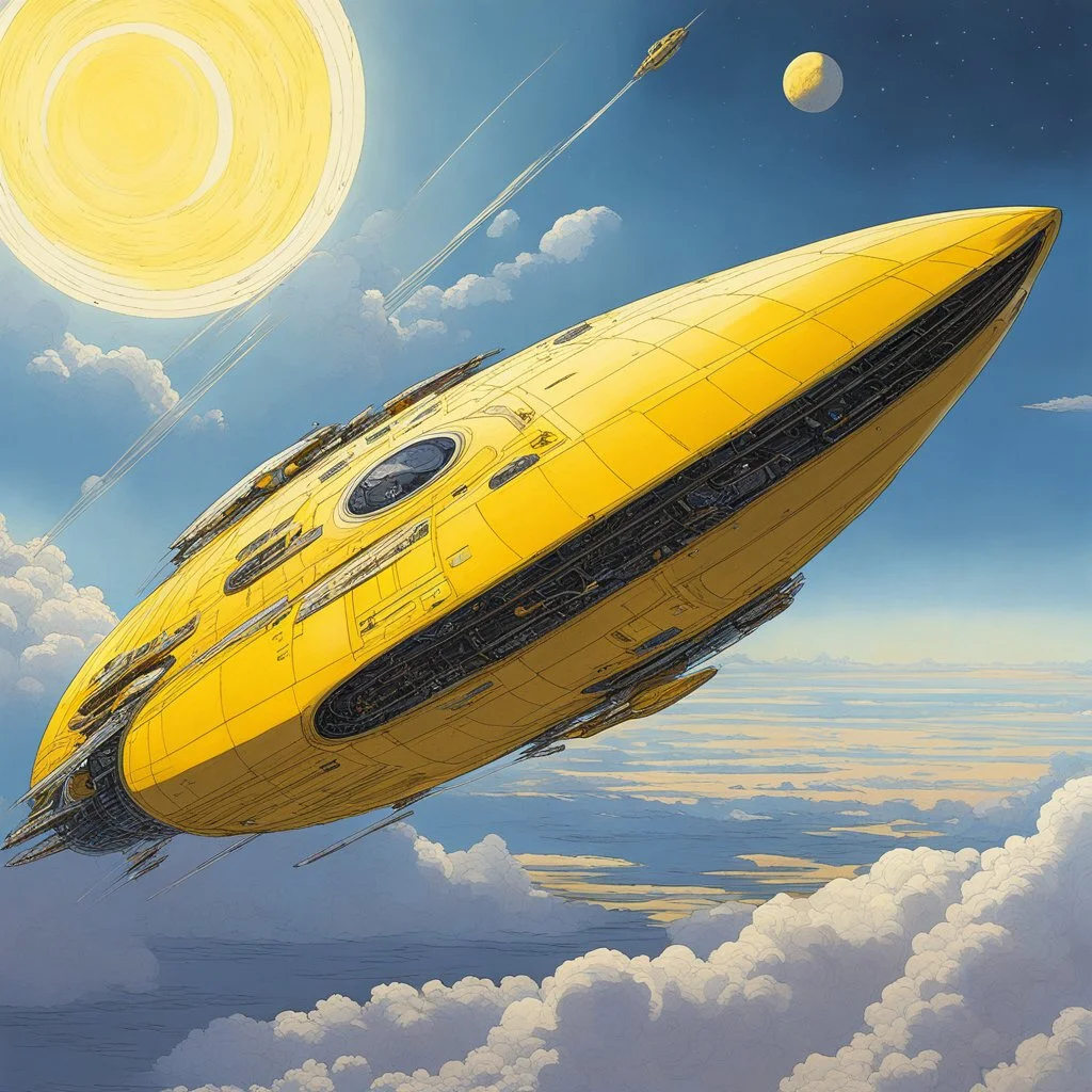 [art by Moebius] A yellow spaceship with two large engines on the sides is flying through clouds. It has an oval shape and looks like it could be from Star Wars or Blade Runner. It's leaving behind a long trail of light as its engine fires off on one side. A planet can be seen far away above the ship. Photorealistic in the style of concept art.