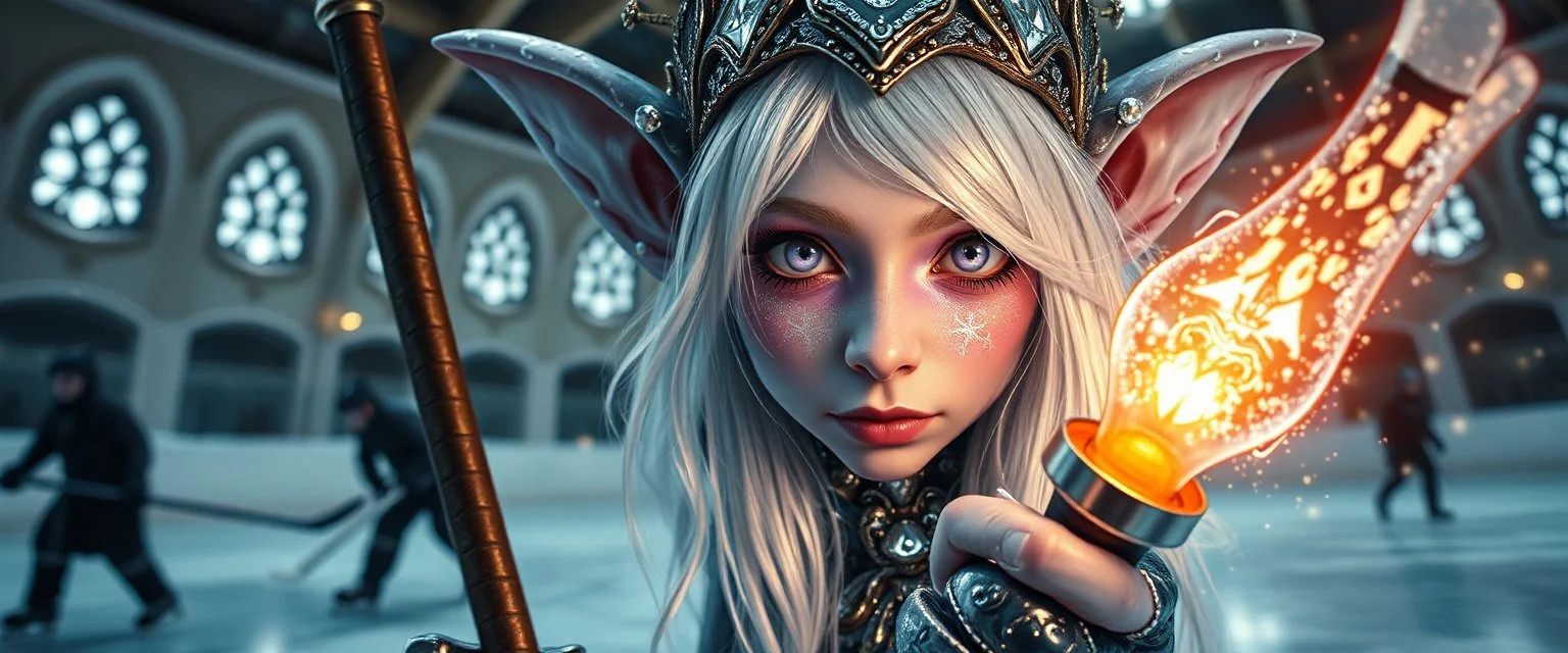 close up portrait of shiny ice priestess dark dwarf gremlin babe with lavender eyes and white silver hair, and with magical aura hockey staff, pin hole cam, master oil painting by Rembrandt, d&d glam rock and glitter vampire gremlin illithid and lich playing hockey in ice skating hall or church, in the style of giger and escher, sci fi with floating little saucers