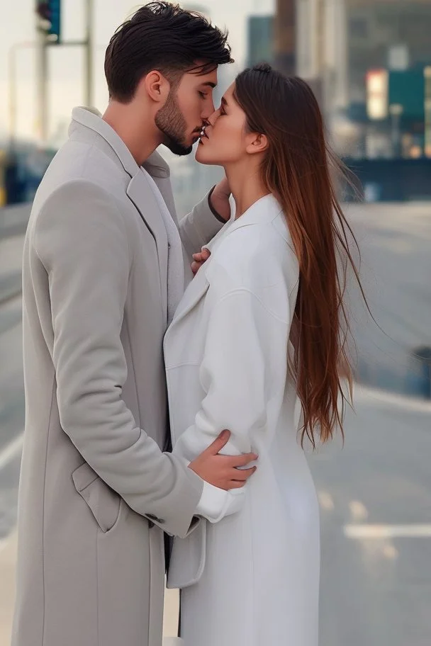 Style: image transformation with changing features, standing, intimate feelings and kissing, high realism, realistic relationship features, professional details sexually realistic, person with a hope for the In beautiful Woman