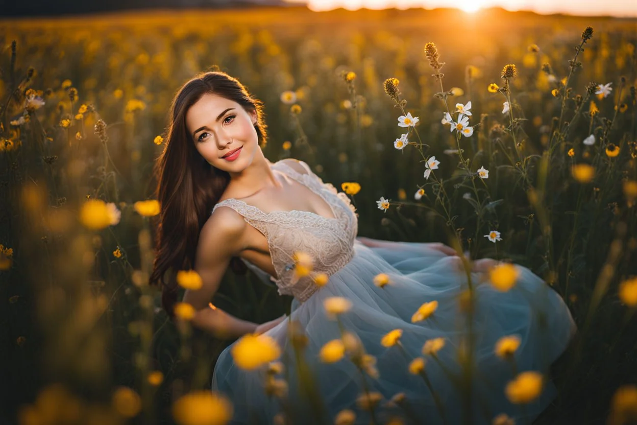 Young woman in flower field in the evening