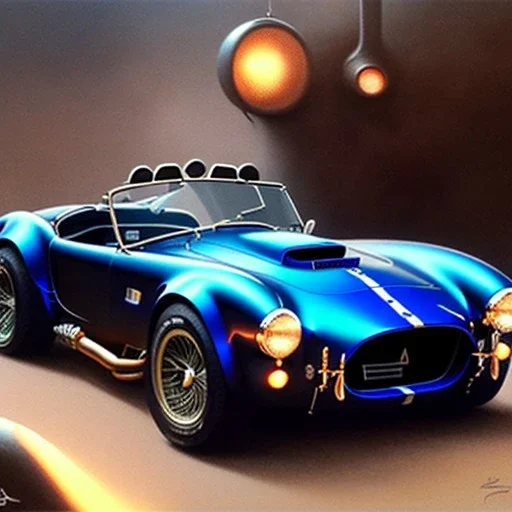 hyperrealism Drawing of 'Dark Blue AC Shelby Cobra 427' three quarter frontal aerial view, by gaston bussiere, greg rutkowski, yoji shinkawa, yoshitaka amano, tsutomu nihei, donato giancola, tim hildebrandt,oil on canvas, cinematic composition,Sharp detail,extreme detail,fit full head inside picture,16k