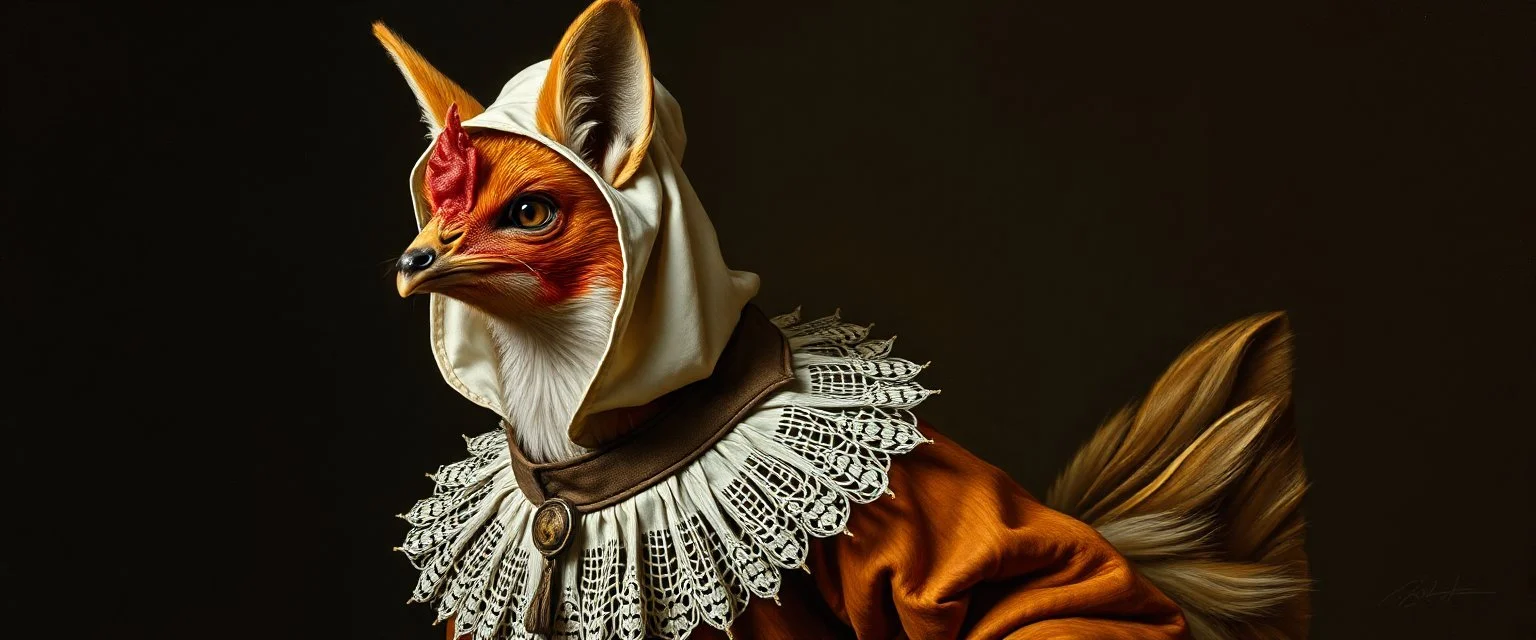 amish space alien fox hen dressed in amish outfit, painted by Rembrandt, Escher and Giger