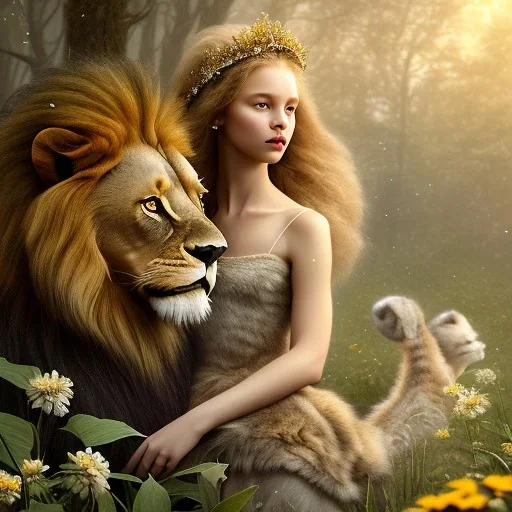 Young beautiful girl nest to a majestic, stunning lion on nature forest path, floral crown on girl, Chronicles of Narnia, 8k resolution, high-quality, fine-detail, iridescent, intricate, digital art, detailed matte, volumetric lighting, beautiful, illustration, 3D octane render, brian froud, howard lyon, selina french, anna dittmann, annie stokes, lisa parker, greg rutowski,